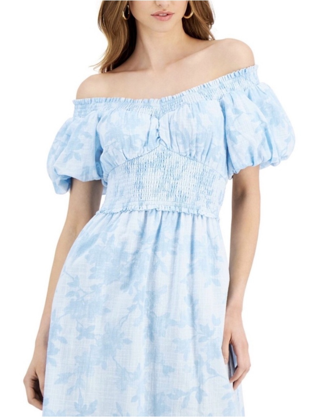 INC International Concepts Sky Blue Floral Smocked Off Shoulder Dress Jolene L - Picture 2 of 12